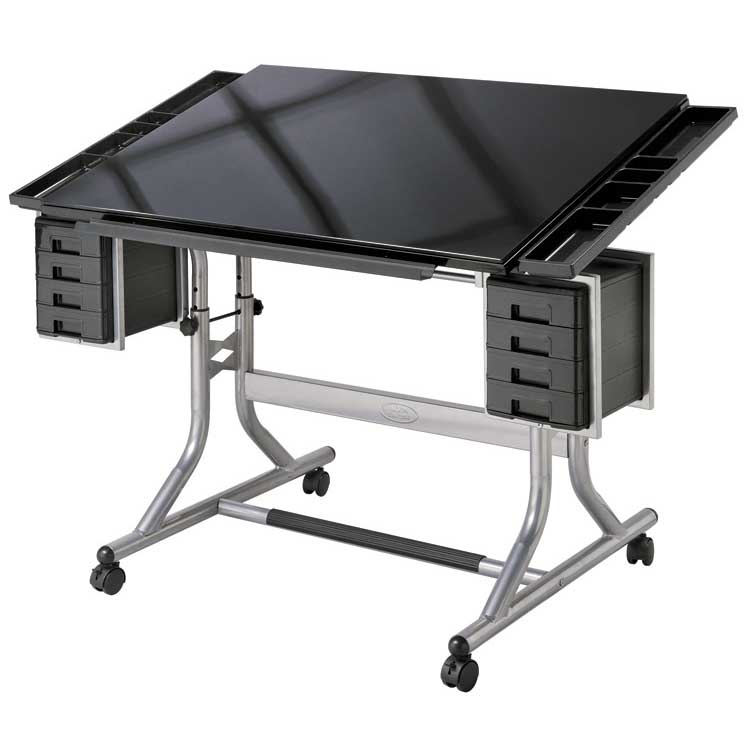 Grey Monarch Specialties Drafting Table-Drawing Desk Glass Surface-Craft Station with Drawers Sliding Tray and Metal Board 40 L 